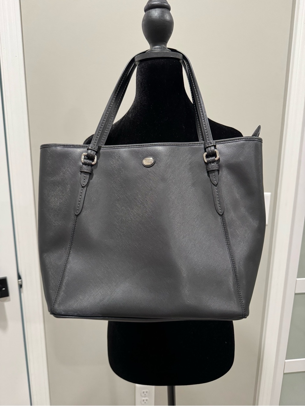 Coach Black Leather Tote with Silver Accent